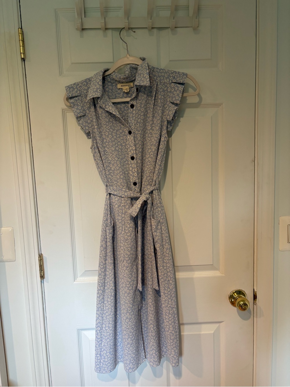 Monteau Light Blue Floral Button-Down Midi Dress with Tie Waist